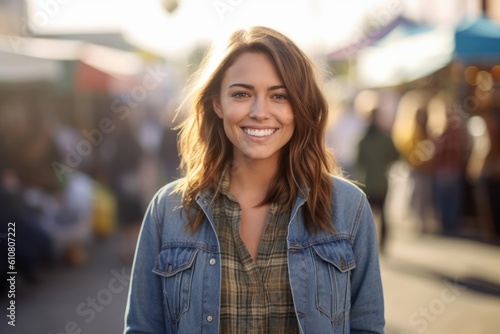 Portrait of a beautiful young woman smiling at the camera in the street