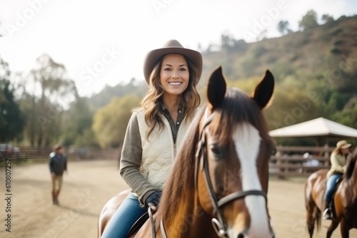 Medium shot portrait photography of a grinning woman in her 30s that is wearing a pair of leggings or tights against a beautiful horse ranch with riders taking lessons background . Generative AI
