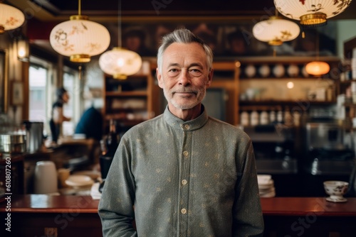 Portrait of a senior man sitting in a cafe and smiling.