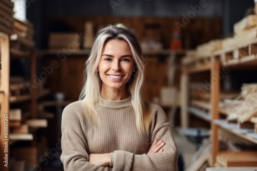 Portrait of a beautiful young woman standing with arms crossed in a warehouse