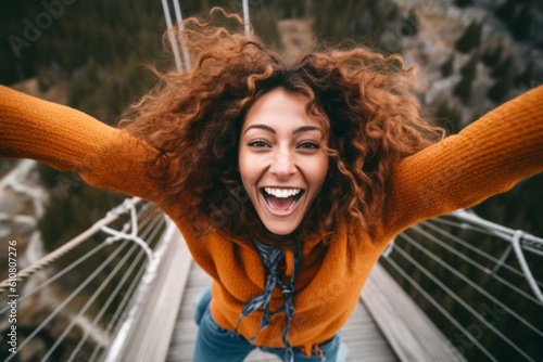 Medium shot portrait photography of a pleased woman in her 20s that is wearing a cozy sweater against an adrenaline-pumping bungee jumping platform background . Generative AI