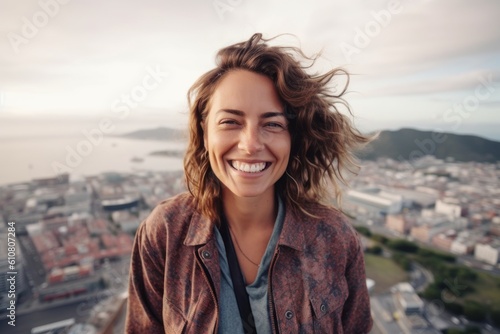 Portrait of a beautiful young woman smiling at the camera while standing on a rooftop in the city