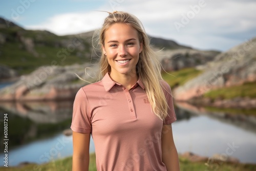 Portrait of a smiling young woman standing by a lake in the countryside