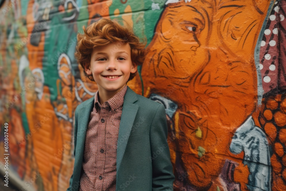 Portrait of a cute red-haired boy in a green coat against the background of a graffiti wall. Portrait of a cute red-haired boy in a green coat against the background of a graffiti wall.