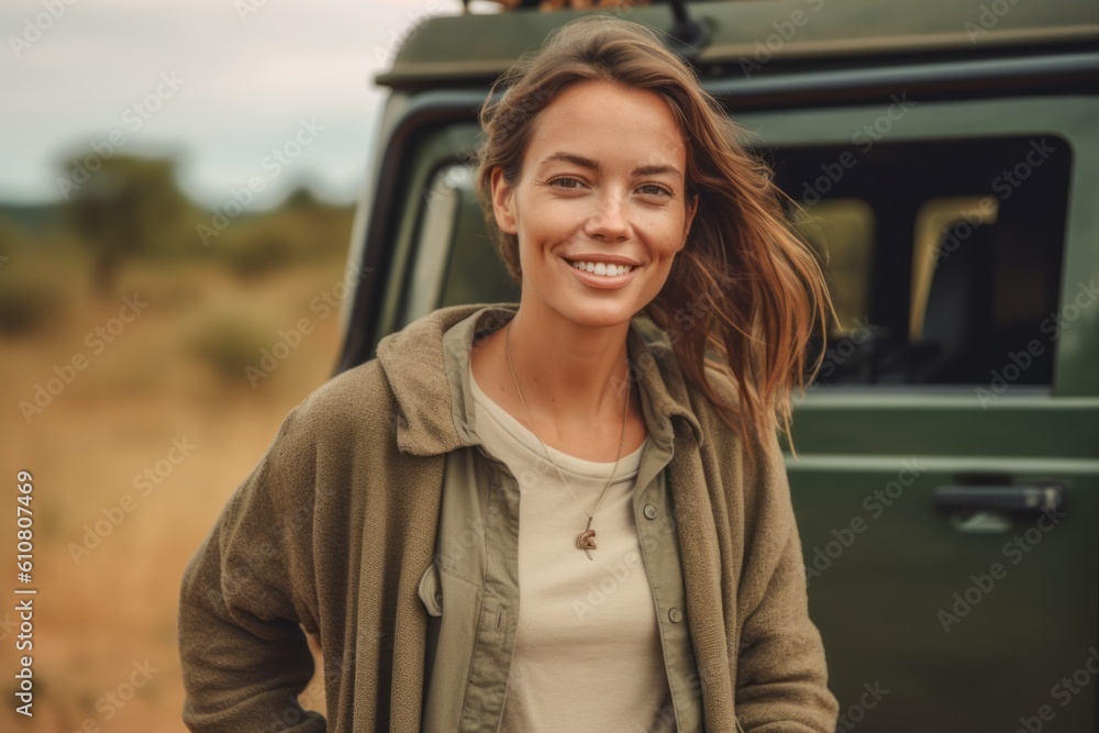 Smiling young woman looking at camera while standing near her car in the countryside