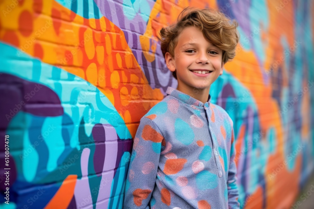 Portrait of a cute little boy in front of colorful graffiti wall Portrait of a cute little boy in front of colorful graffiti wall
