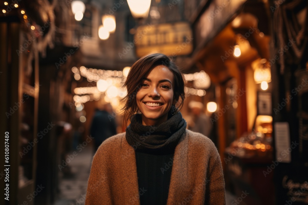 Portrait of a smiling young woman wearing coat and scarf walking on a street in Paris, France Portrait of a smiling young woman wearing coat and scarf walking on a street in Paris, France