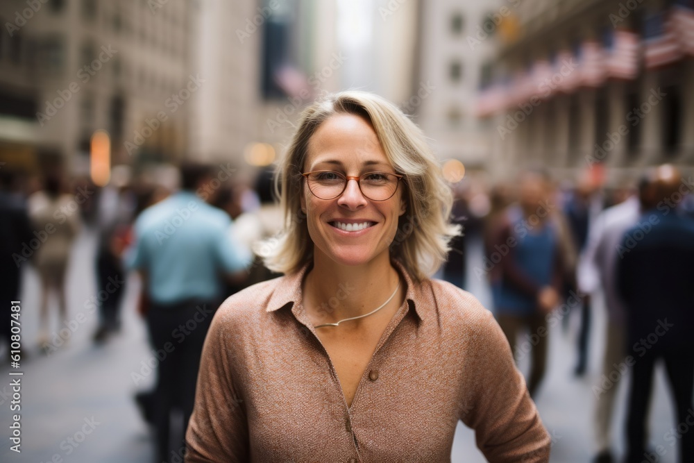 Portrait of a happy mature woman with glasses in a city street