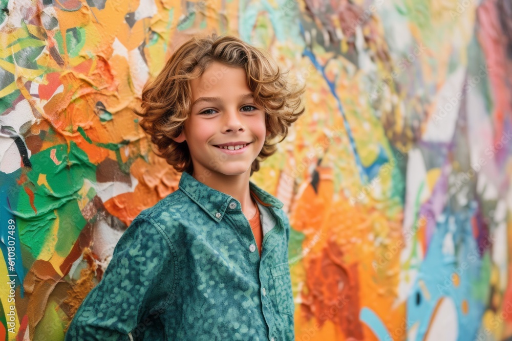 Portrait of smiling boy standing in front of graffiti wall at school