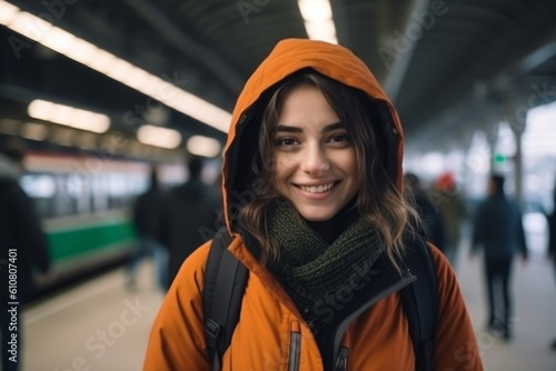 Portrait of a young woman in an orange jacket with a hood at the subway station
