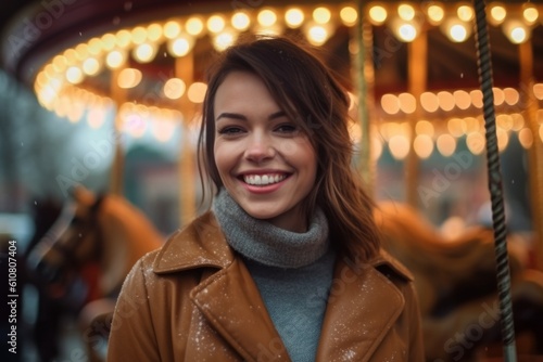 Medium shot portrait photography of a grinning woman in her 30s that is wearing a warm parka against an old-fashioned carousel in motion at a city square background .  Generative AI