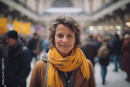 Medium shot portrait photography of a grinning woman in her 40s that is wearing a charming scarf against a bustling day at the stock exchange with traders background . Generative AI