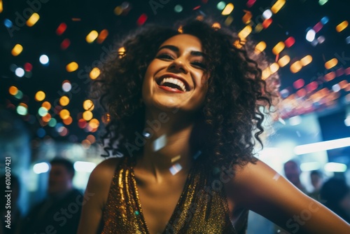 Portrait of a beautiful young african american woman dancing in a nightclub.