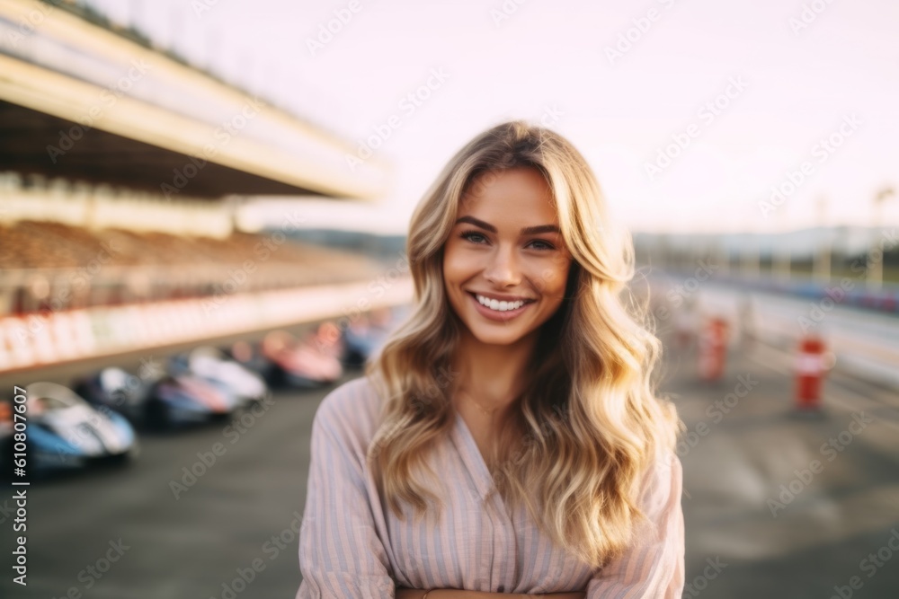 Portrait of a beautiful young woman smiling in a car park.