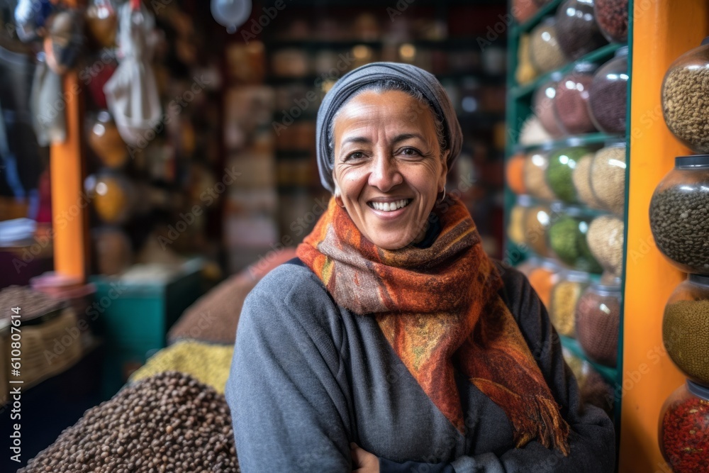 Medium shot portrait photography of a grinning woman in her 40s that is wearing a chic cardigan against a bustling trader's market with colorful fabrics and spices background .  Generative AI