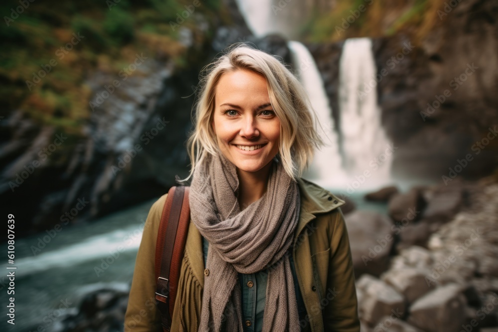 Beautiful smiling woman with a backpack on the background of a waterfall Beautiful smiling woman with a backpack on the background of a waterfall