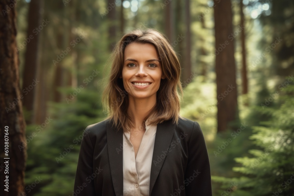 Portrait of a smiling businesswoman standing in a pine forest. Portrait of a smiling businesswoman standing in a pine forest.