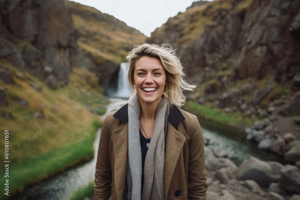 Portrait of a smiling woman standing in front of a waterfall in Iceland