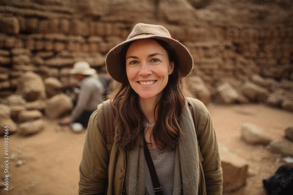 Portrait of smiling woman with hat against ancient ruins in the desert