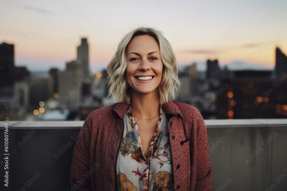 Portrait of a beautiful woman smiling in the city at sunset.