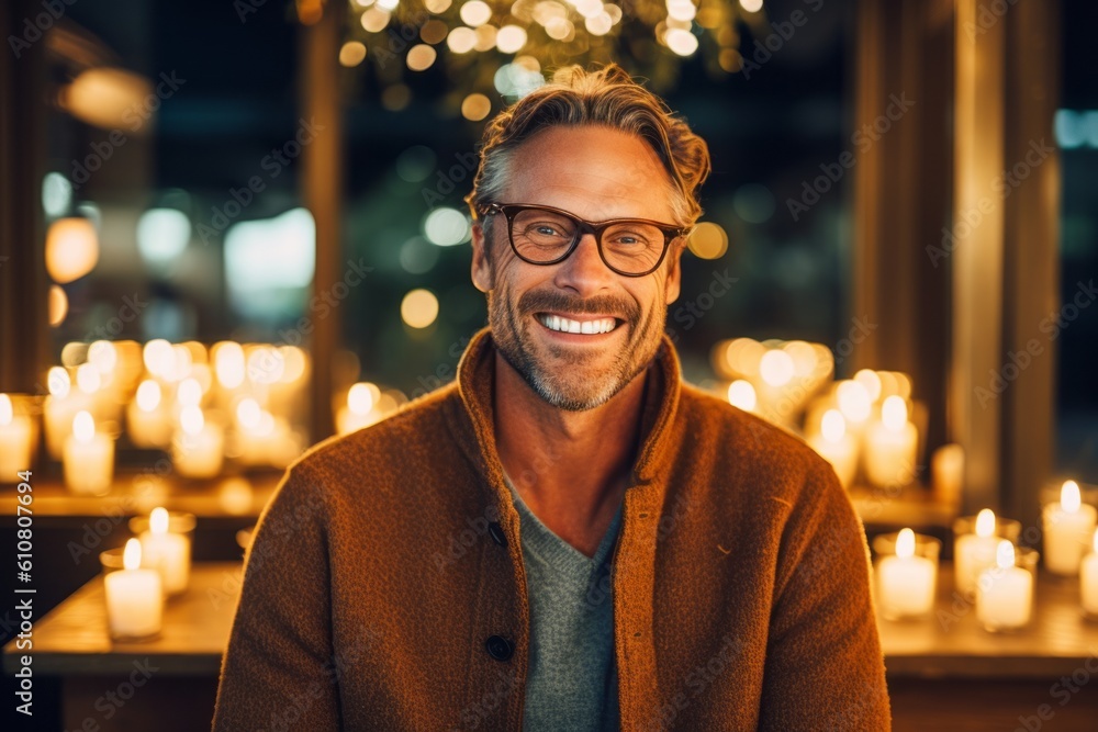 Obraz premium Medium shot portrait photography of a cheerful man in his 40s that is wearing a chic cardigan against a candlelit date night setting with a romantic ambiance background . Generative AI