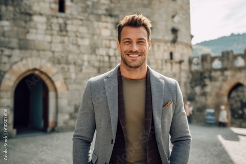 Medium shot portrait photography of a cheerful man in his 30s that is wearing a chic cardigan against a historic castle with knights and nobility background .  Generative AI