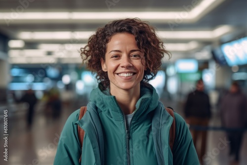 Portrait of a smiling young woman with curly hair at the airport
