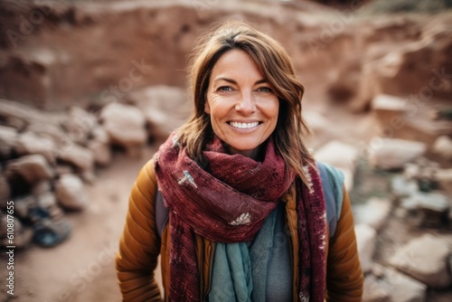 Portrait of a beautiful middle-aged woman with a scarf in the mountains