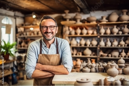 Portrait of smiling mature potter standing with arms crossed in pottery workshop