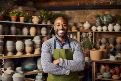 Portrait of smiling african american potter standing with arms crossed in pottery workshop
