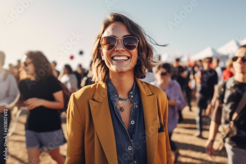 Happy young woman in sunglasses standing in front of crowd at music festival © Robert MEYNER