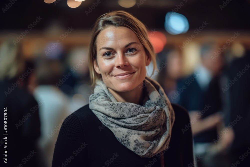 Portrait of a beautiful young woman standing in a cafe and smiling