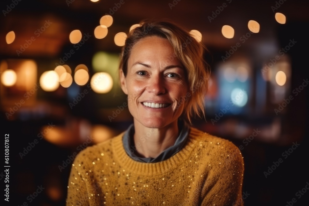 Portrait of smiling woman looking at camera in coffee shop at night