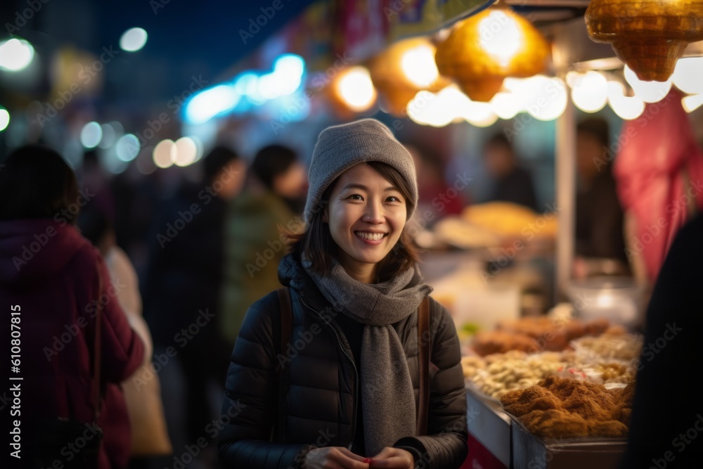 Beautiful asian tourist woman shopping at night market in Seoul, South Korea Beautiful asian tourist woman shopping at night market in Seoul, South Korea