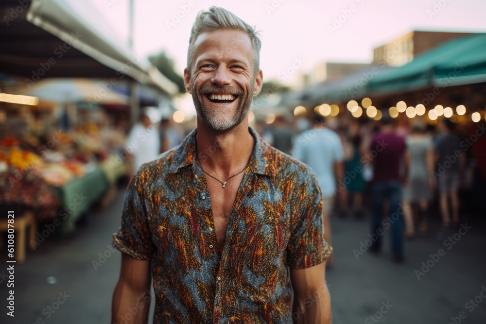 Fototapeta premium Handsome middle aged man smiling at camera while standing at street market
