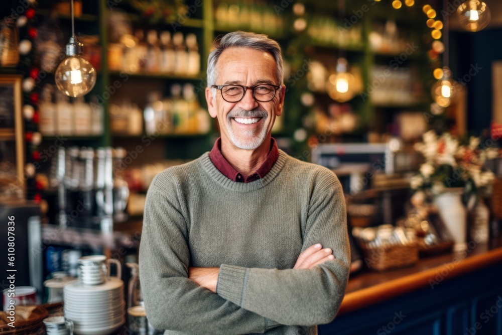 Portrait of smiling senior man standing with arms crossed in coffee shop Portrait of smiling senior man standing with arms crossed in coffee shop