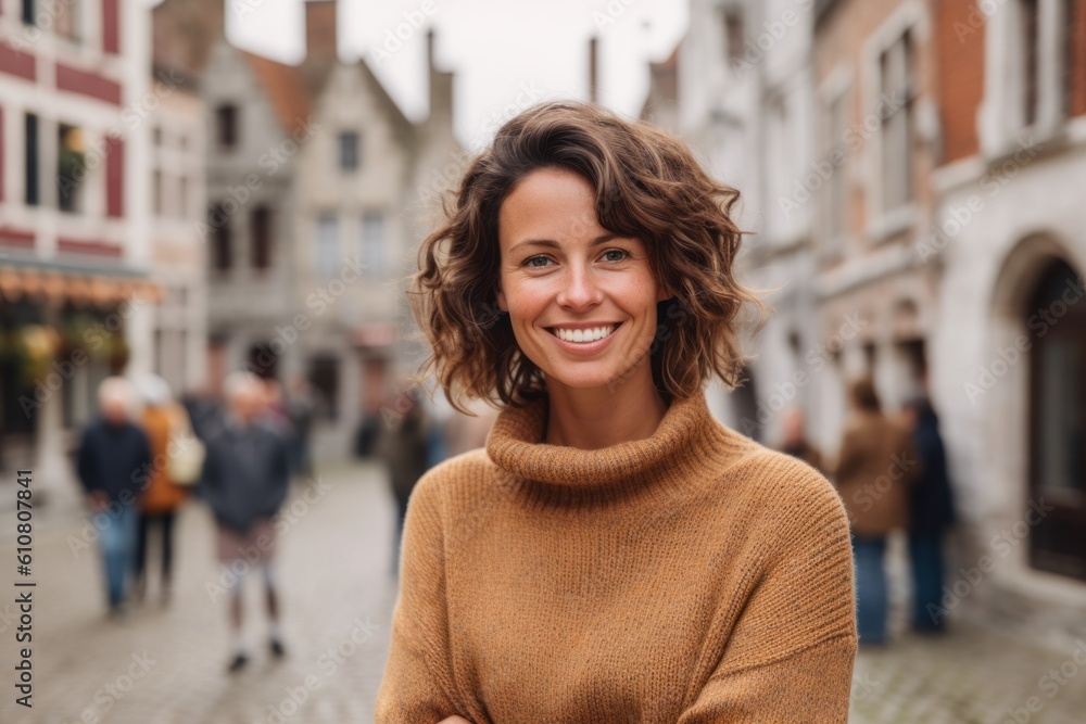 Portrait of a smiling young woman standing in the street in Bruges, Belgium