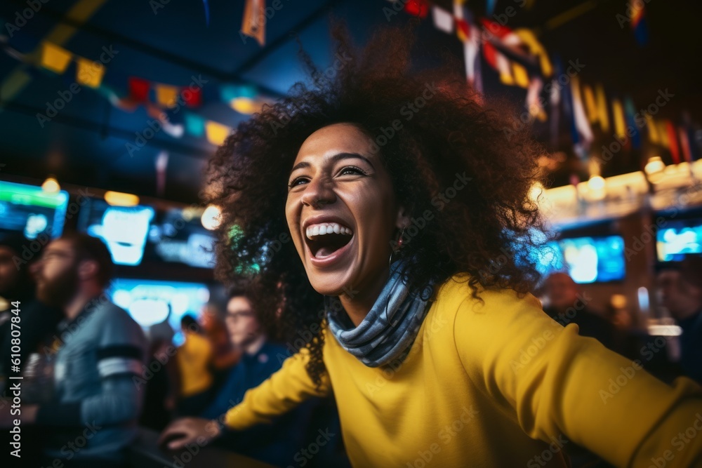 Portrait of cheerful african american woman taking selfie in nightclub