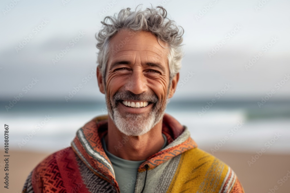 Portrait of smiling senior man wearing scarf on the beach at the day time