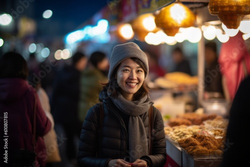 Beautiful asian tourist woman shopping at night market in Seoul  South Korea