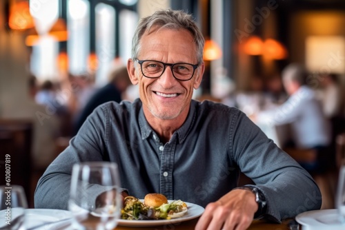 Portrait of happy senior man sitting at table in restaurant and smiling