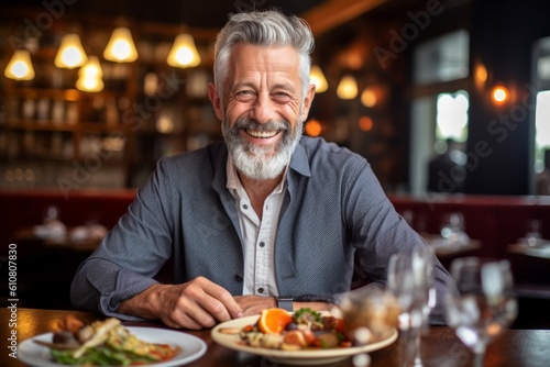 Portrait of happy senior man sitting at table in restaurant and smiling