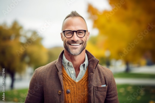Medium shot portrait photography of a cheerful man in his 40s that is wearing a chic cardigan against a picturesque city park during autumn foliage background . Generative AI