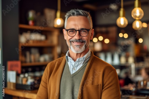 portrait of smiling senior man in eyeglasses in coffee shop