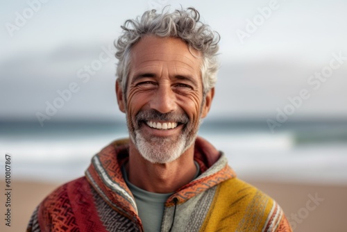 Obraz na płótnie Portrait of smiling senior man wearing scarf on the beach at the day time w salonie