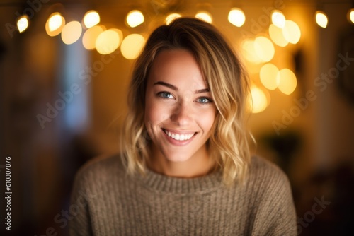 Medium shot portrait photography of a pleased woman in her 30s that is wearing a cozy sweater against a candlelit date night setting with a romantic ambiance background .  Generative AI