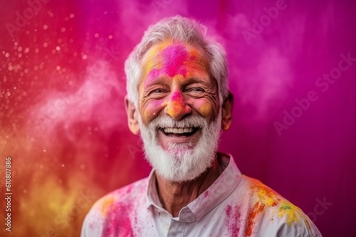 Portrait of happy senior man with holi paint on face against pink background