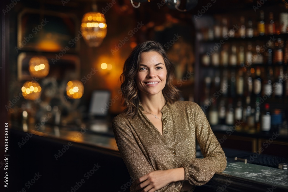 Portrait of smiling woman standing with arms crossed in bar at night Portrait of smiling woman standing with arms crossed in bar at night
