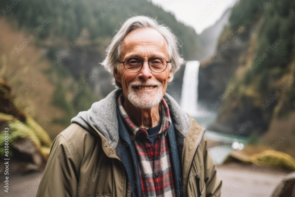 Portrait of senior man standing in front of waterfall in the mountains