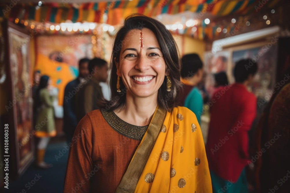 Medium shot portrait photography of a grinning woman in her 40s that is wearing a cozy sweater against a traditional indian wedding celebration background .  Generative AI